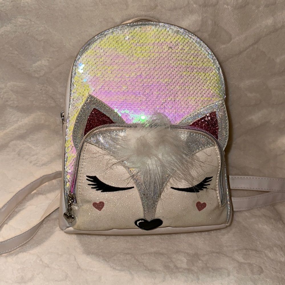 OMG White Rainbow Sequined Faux Leather Kitty Mini Backpack